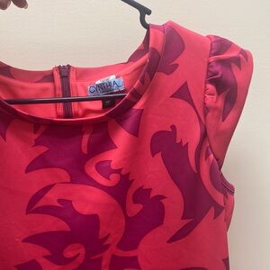 Cynthia Rowley Colorful Pink/Red Abstract Print Knit Fit/Flare Cap Sleeve Dress